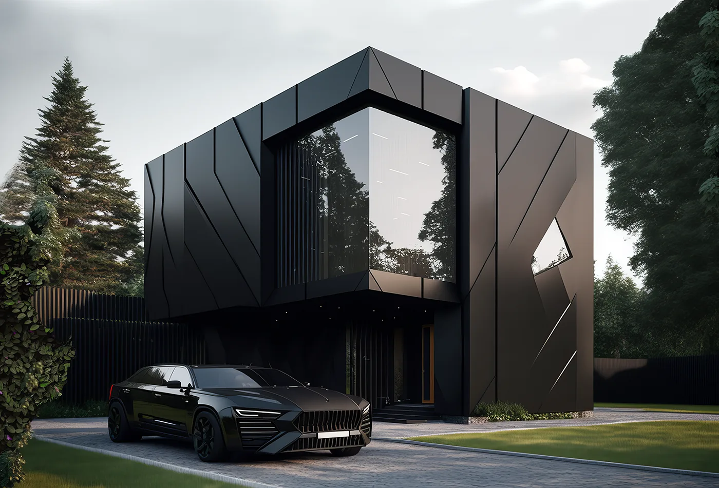 NovArch | Architecture Studio Black glass modern house black facade cubic form novarch ai