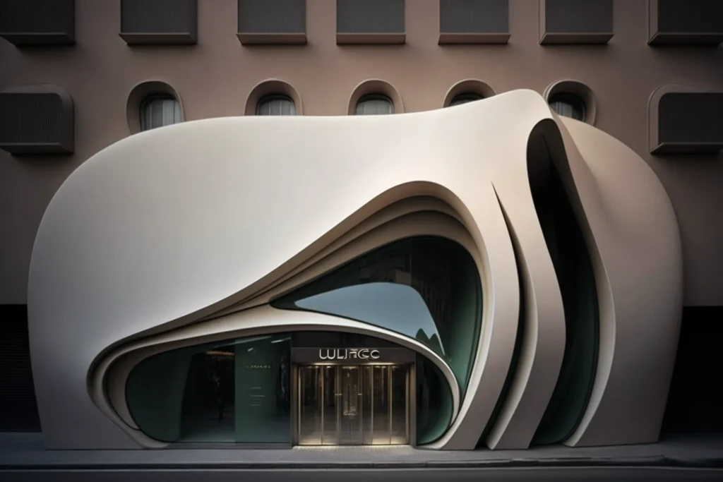 Photo-of-Gucci-store-two-levels-frontal-camera-inspired-by-Zaha-Hadid-style-novarch-AI in architecture